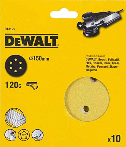 Dewalt DT3125-QZ DT3125-QZ-Discos de lija de 150mm y grano 120, con velcro de acoplamiento rápido y 6 orificos perforados, 0 W, 0 V, Set de 2 Piezas