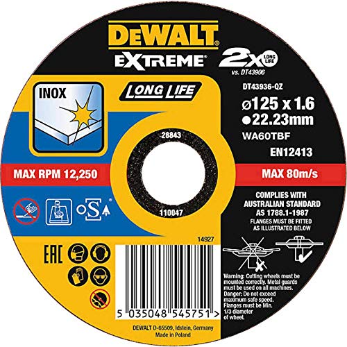 DEWALT DT43936-QZ DT43936-QZ-Disco de Corte Plano Extreme Long Life para INOX con Grano Industrial de óxido de Aluminio 125 x 1.6 x 22.23 mm, Multicolor