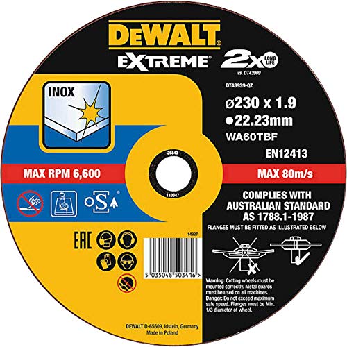 DEWALT DT43939-QZ DT43939-QZ-Disco de Corte Plano Extreme Thin Cut para INOX con Grano Industrial de óxido de Aluminio 230 x 1.9 x 22.23 mm, Schwarz/Gelb