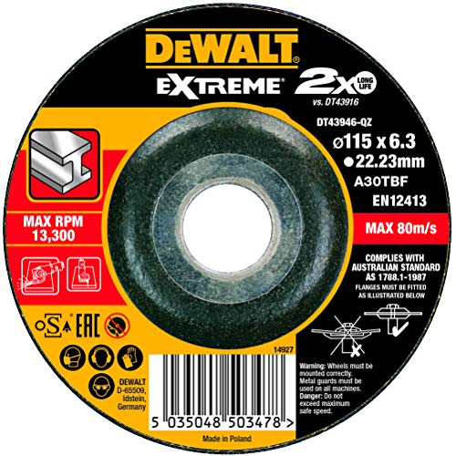 DeWalt DT43946-QZ DT43946-QZ-Disco de desbaste concavo Extreme para Metal con Grano Industrial de óxido de alumínio 115 x 6.3 x 22.23 mm, Multicolor