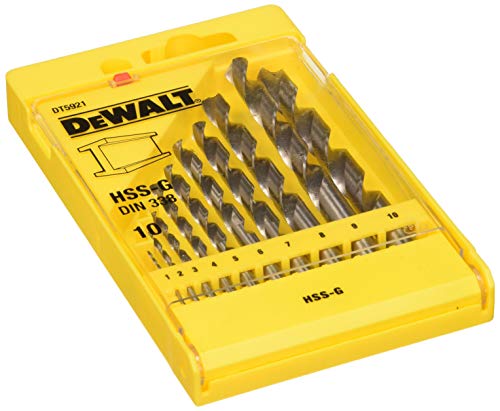 DeWalt DT5921-QZ - Juego de 10 Brocas para Metal Hss-G Din 338 en Cassette de Plástico Diámetro 1,2,3,4,5,6,7,8,9,10 mm, Acero Inoxidable