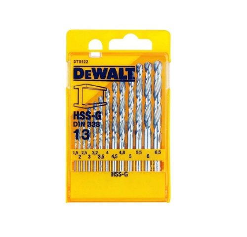 DeWalt DT5922-QZ - Juego de 13 Brocas para Metal HSS-G Din 338 en Cassette de Plástico Diámetro 1.5, 2, 2.5, 3.2, 3, 3.5, 4, 4.5, 5 x 2, 5.5, 6, 6.5 mm