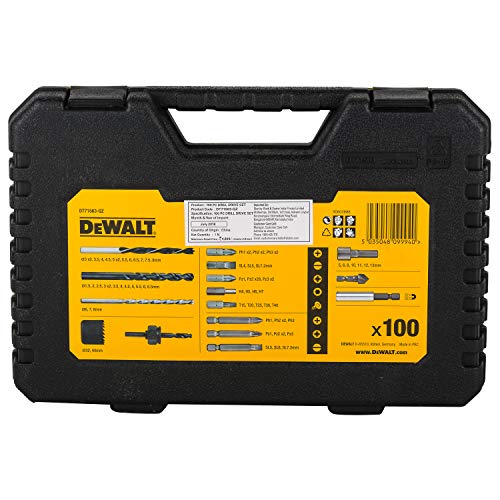 Dewalt DT71563-QZ DT71563-QZ-Juego de 100 Piezas taladrar 12XBrocas para madera3-8mm, 3X Mamposteía 6-8mm, 12X Metal 1,5-6mm, Puntas para Atornillar, 1 Avellanador, 2X Coronas 32,44mm, Broca piloto