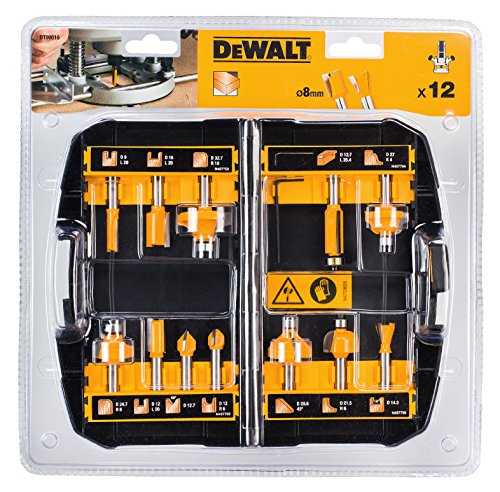 Dewalt DT90016-QZ DT90016-QZ-Juego de 12 3 rectas, recortadora, 2 redondear, hueca para núcleos, cortador de cola de milano, ranura en V, calar, curva doble, fresa para biselar, 0 W, 0 V