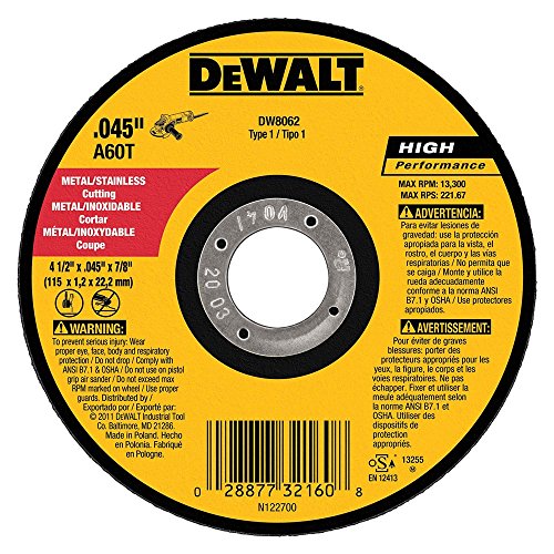 DEWALT DW8062 4-1/2"x.045"x7/8" amoladora de metal de corte fino, 10 unidades, (modelo: DW8062-10,PK)