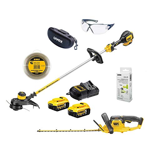 DeWalt UVEX Juego de cuidado de jardín de 18 V – con desbrozadora inalámbrica, cortasetos inalámbrico, protección ocular, protección auditiva y juego de accesorios + batería y cargador o versión Basic