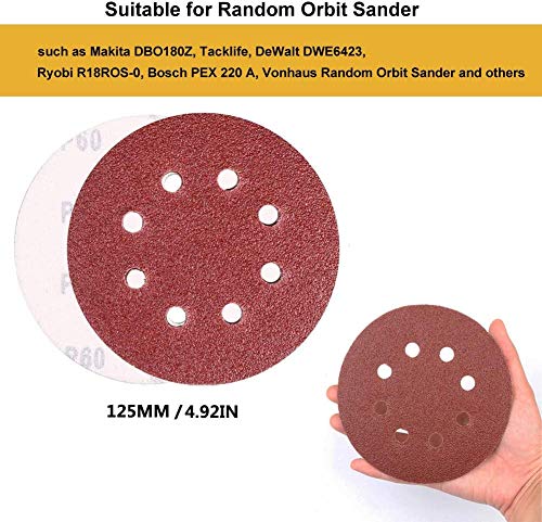 Discos abrasivos, cierre de velcro, 40 60 80 100 120 150 180 240 320 400, grano mixto, 125 mm, hojas de papel de lija para lijadora Random Orbital Sander, 8 agujeros