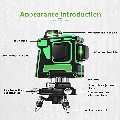 Dudumao Nivel láser verde 3D 12 líneas, 360 líneas cruzadas horizontales y verticales autoalineadas Línea láser verde, nivel láser multinivel autonivelante A