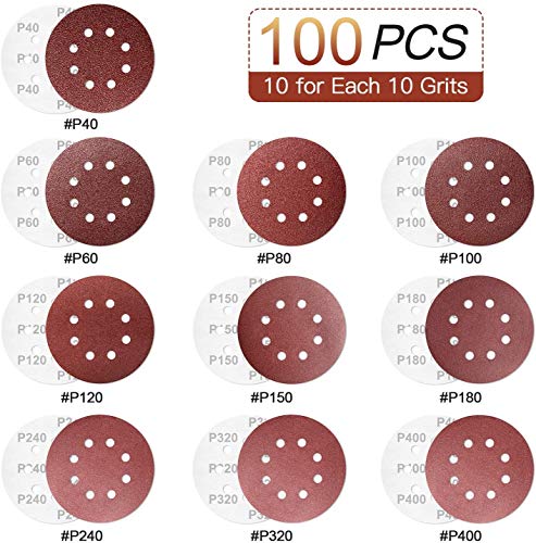 ECHG 100 piezas de discos de lijado, 125 mm de gancho y bucle 40 60 80 100 120 150 180 240 320 400 Granos Hoja de papel de lija de 8 agujeros para lijadora orbital aleatoria
