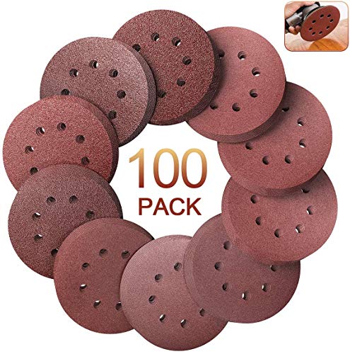 ECHG 100 piezas de discos de lijado, 125 mm de gancho y bucle 40 60 80 100 120 150 180 240 320 400 Granos Hoja de papel de lija de 8 agujeros para lijadora orbital aleatoria