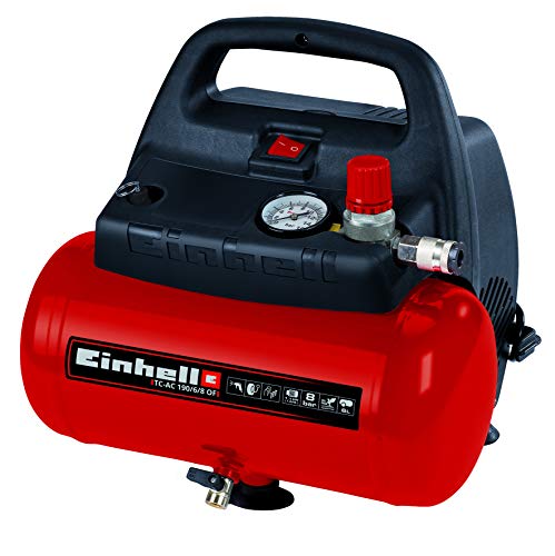 Einhell TH-AC 190/6 OF - Compresor de aire, 8 bar, depósito 6 l, aspiración 185 l /min, 1100 W, 230 V, color rojo y negro