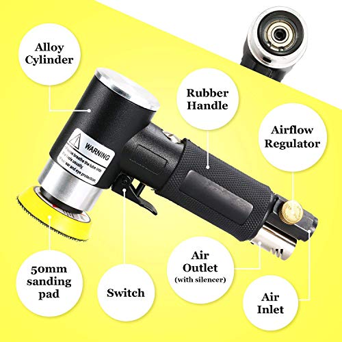 ENJOHOS Mini lijadora de aire excéntrica Herramienta de pulido de aire con ángulo de presión orbital rotativa con tampón de lijado pequeña de 15000 rpm Lijadora neumática (platorello da 2 pollici)