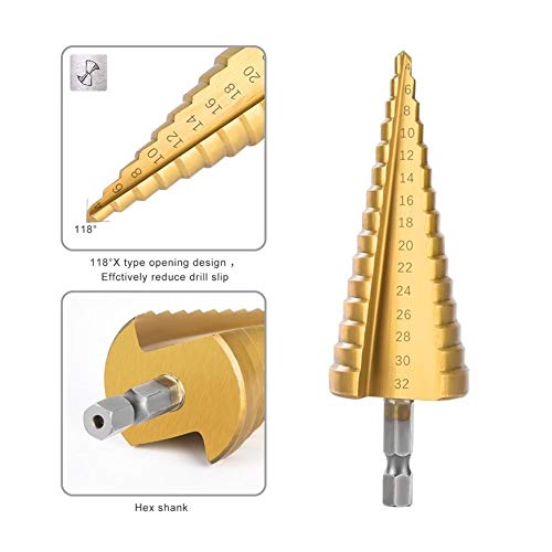 Espiral Ranuras Bit Paso Taladro HSS titanio recubierto Paso taladro taladro eléctrico del metal Herramienta eléctrica Acero de alta velocidad Woods Hole corte de la máquina Paso Taladro Cono 4-32 Mm