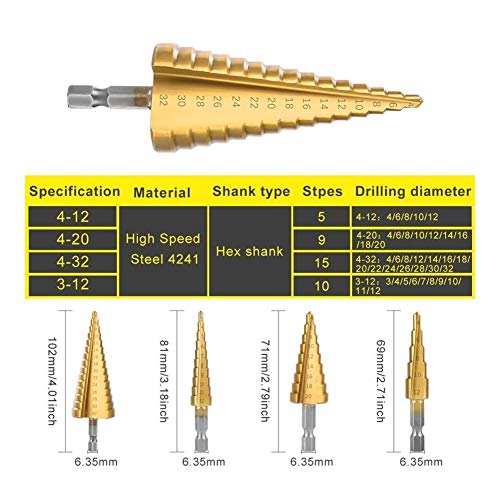 Espiral Ranuras Bit Paso Taladro HSS titanio recubierto Paso taladro taladro eléctrico del metal Herramienta eléctrica Acero de alta velocidad Woods Hole corte de la máquina Paso Taladro Cono 4-32 Mm