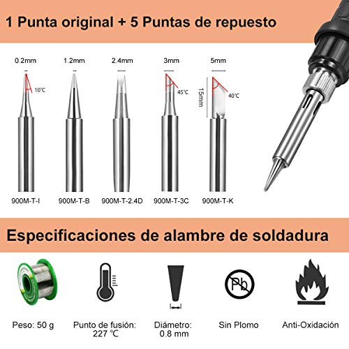 Estación de Soldadura,Preciva 60W 90-480℃ Kit del Soldador Eléctrico Profesional con Pantalla Led digital,5 PCS Punta soldador, 0.8 mm Alambre de soldadura sin plomo