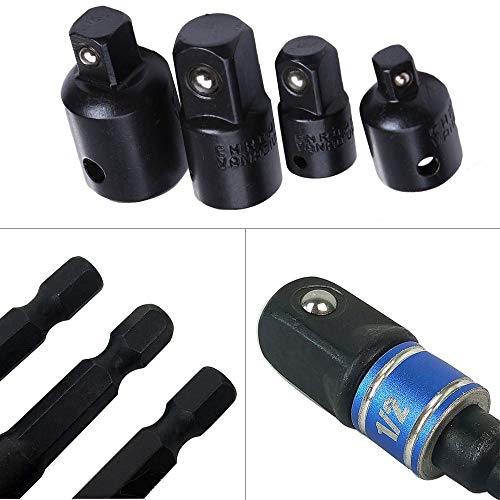 EVANCE Adaptador de enchufe de impacto, 3 unidades, 1/4", 3/8", y 1/2" juego de extensión convierte taladro eléctrico en herramientas de mano de alta velocidad (Black)