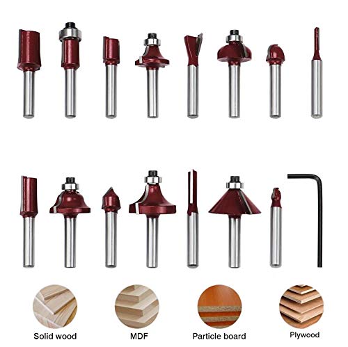 Fippy 15 PCS 1/4"Brocas de carburo de tungsteno Fresas Set, Carpintería Herramienta de Cortadores Madera Diámetro del vástago 6.35 mm con caja de madera