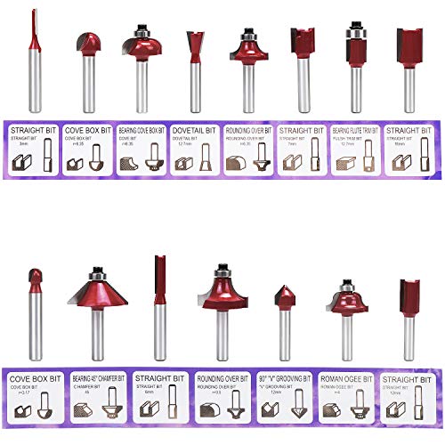 Fippy 15 PCS 1/4"Brocas de carburo de tungsteno Fresas Set, Carpintería Herramienta de Cortadores Madera Diámetro del vástago 6.35 mm con caja de madera