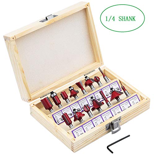 Fippy 15 PCS 1/4"Brocas de carburo de tungsteno Fresas Set, Carpintería Herramienta de Cortadores Madera Diámetro del vástago 6.35 mm con caja de madera