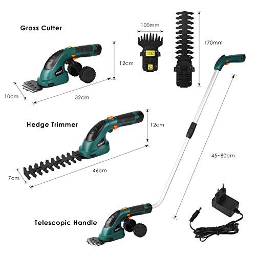 FIXKIT Tijeras Cortasetos, Tijera Jardín Set 2 en 1 con Mango Telescópico, Cuchilla con Sistema Multiclick, No Vibrante, Silenciosa, Fácil de Guardar y Mover, 85 Minutos de Uso Continuo