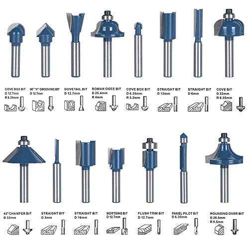 flintronic Fresas Set, 15 PCS Cortadores Caja de plastico de Diámetro de Caña Herramienta de Fresado, Kit de herramientas de carpintería con caja de madera para el hogar y bricolaje