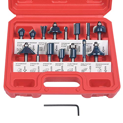flintronic Fresas Set, 15 PCS Cortadores Caja de plastico de Diámetro de Caña Herramienta de Fresado, Kit de herramientas de carpintería con caja de madera para el hogar y bricolaje