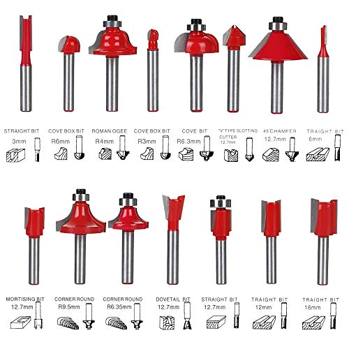 flintronic Fresas Set, 15 PCS Cortadores Madera de Diámetro de Caña Herramienta de Fresado | Kit de Herramientas de Carpintería con Caja de Madera para el Hogar y Bricolaje