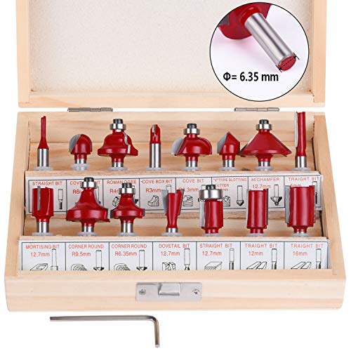 flintronic Fresas Set, 15 PCS Cortadores Madera de Diámetro de Caña Herramienta de Fresado | Kit de Herramientas de Carpintería con Caja de Madera para el Hogar y Bricolaje