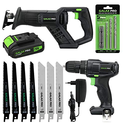 GALAX PRO 20V Kit Combinado Inalámbrico, 20 N.m Taladro Eléctrico Inalámbrico, 0-3000 SPM sierra Recíproca, 1.3 Ah Batería de Iones de litio y Cargador,con 7 Cuchillas