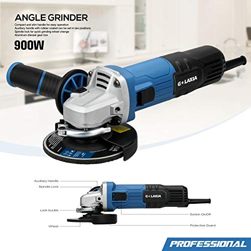 G★LAXIA Amoladora Angulare 900W 11000RPM, Discos de 115mm, con 2 Ruedas para Esmerilar/Pulir/Cortar, Mango, Cubiertas Protectoras de Ruedas, Bloqueo Interruptor, Cabeza Metálica