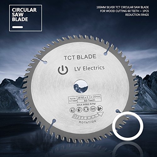 Hoja de sierra circular TCT de 165 mm, disco de corte giratorio de plata para corte de madera, 60 dientes + 1 anillo de reducción