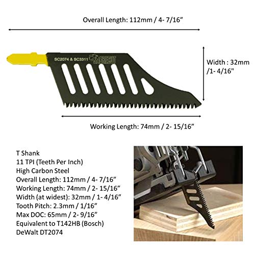 Hojas de sierra de calar SabreCut JSSC2074_3, vástago en T, corte de madera, para Dewalt, Bosch y muchas otras, DT2074, 3 unidades