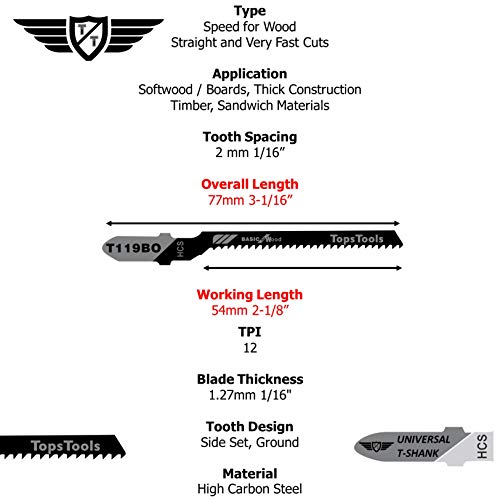 Hojas de sierra de calar TopsTools T119BO (25 piezas), compatible con Bosch, Dewalt, Makita, Milwaukee y muchos más