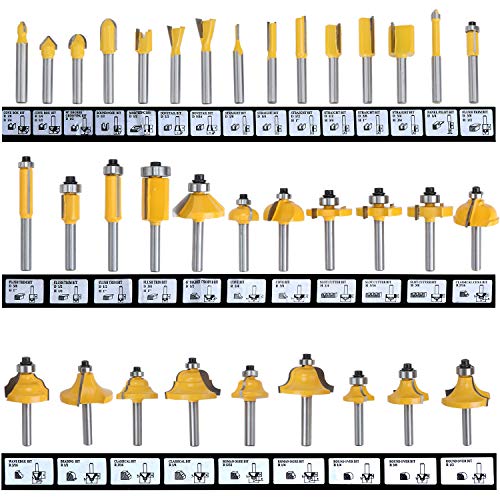 HSEAMALL - Juego de 35 brocas para fresadora, 6,35 mm, vástago de 6,35 mm, vástago de 6,35 mm, puntas de carburo de tungsteno TCT, cortadores de rebajadora de madera