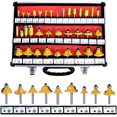 HSEAMALL - Juego de 35 brocas para fresadora, 6,35 mm, vástago de 6,35 mm, vástago de 6,35 mm, puntas de carburo de tungsteno TCT, cortadores de rebajadora de madera