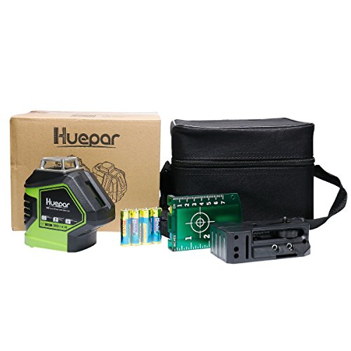 Huepar 621CG Nivel Láser 360 Verde 40m, 2 Puntos de Plomada, MODO PULSO, Autonivelante Líneas Cruzado, Conmutables 360 Vertical/ 140 Horizontal, con 360° Base Giratoria Magnética