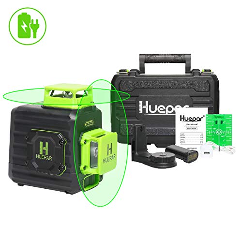 Huepar B02CG Nivel Láser 360 Verde 8 Líneas, MODO DE PULSO, Batería de Litio Recargable USB, Autonivelante Líneas Cruzadas, 2x360 Líneas Vertical/Horizontal Conmutables, 360° Base Giratoria Magnética