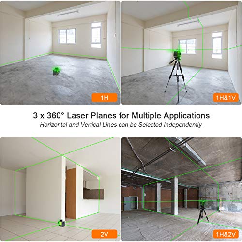 Huepar GF360G 3x360 Nivel Láser Verde 45m,MODO DE PULSO, Batería de Litio Recargable USB, 3D Láseres de 12 Líneas, Autonivelador Línea Cruzado, Conmutables 360 Vertical/Horizontal, 360 Base Magnético