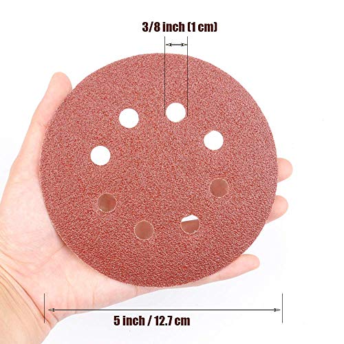 HunterBee Discos de lija orbital de grano alto de 5 pulgadas, 800 1200 1500 grano 2000, 8 agujeros papel de lija orbital con gancho y bucle, rojo