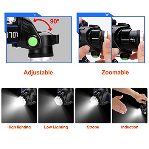 IMAGE Linterna Frontal, Alta Potencia 1800 Lúmenes, Linterna de Cabeza Recargable USB 4 Modos de Luz LED, Impermeable para Camping, Pesca, Ciclismo, Carrera, Caza