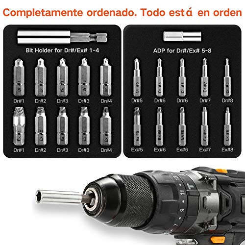 Jellas 22PCS Extractor de Tornillos, Brocas de pulido separadas y brocas de extracción, Magnetizado y Adaptador para Tornillos y Pernos Dañados Desde 2mm hasta 12mm, Dureza 64-65HRC