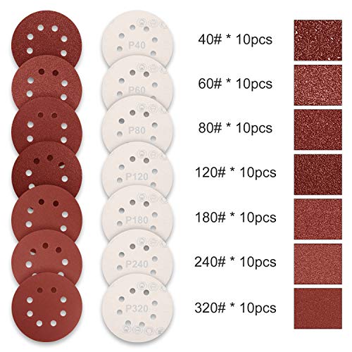 JELLAS Papel de Lija de 80 Piezas 125 mm, 10 Piezas de Lijadoras Profesionales Anti-bloqueo y 70 Piezas Papeles de Lija Abrasivos para Lijadora Orbital Makita, Bosch, Dewalt, Ryobi, Vonhaus