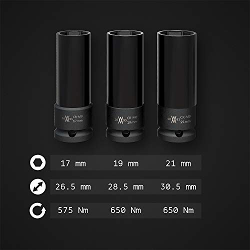 Juego de 3 vasos de impacto 0,5" con protectores All Black Edición de 17, 19, 21 mm para atornillador de impacto de Wiesemann 1893 I Diseño elegante en maletín metálico I 81321