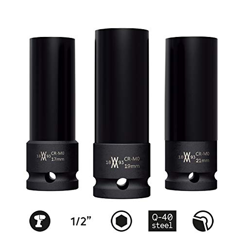 Juego de 3 vasos de impacto 0,5" con protectores All Black Edición de 17, 19, 21 mm para atornillador de impacto de Wiesemann 1893 I Diseño elegante en maletín metálico I 81321