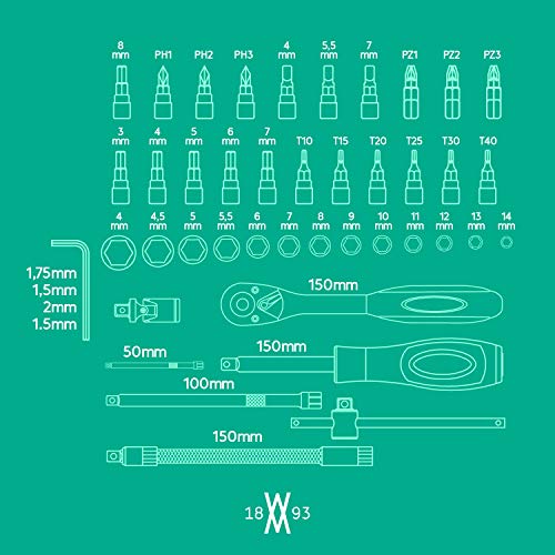 Juego de 46 vasos para llave de carraca 1/4" de acero al cromo vanadio de WIESEMANN 1893| Maletín de herramientas con vasos de carraca, adaptador, portapuntas | Puntas PH y PZ | 80089