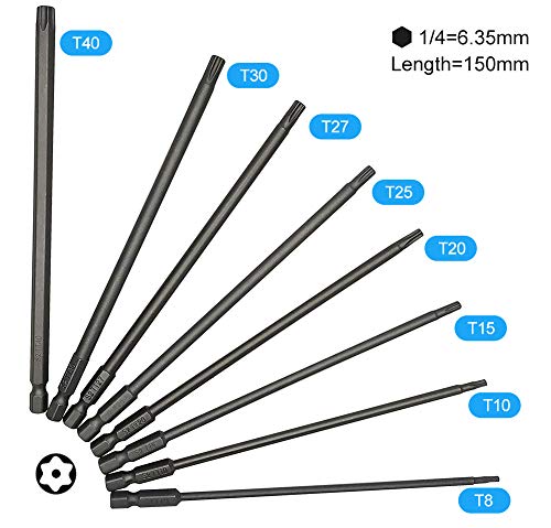 Juego de 8 puntas de destornillador Torx, puntas de destornillador de cabeza de estrella magnético de 1/4 pulgadas T8/T10/T15/T20/T25/T27/T30/T40, 150 mm de largo