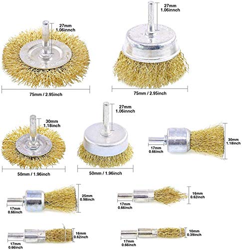 Juego de 9 cepillos metálicos para taladro para óxido, metal, madera, vástago de 6 mm liso para limpieza de óxido, corrosión y pintura