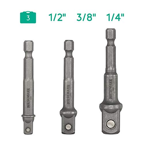 Juego de adaptador de puntas de impacto para taladradora 3 pzs. hexágonales a escuadra de WIESEMANN 1893 I adaptador de zócalo para 1/4, 3/8, 1/2 pulgada I de acero CV I 81048