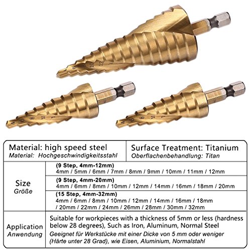 Juego de brocas escalonadas, Espiral Estriado, Acero de alta velocidad Recubierto de titanio, 4 mm a 12/20/32 mm, HSS Herramienta de corte para Bricolaje El plastico Madera Metal Aluminio Cobre