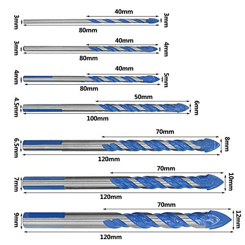 Juego de brocas HZ-DJ7, 7 piezas, multiusos, triángulo, aleación, broca para porcelana, cerámica, azulejos, hormigón, pared de ladrillo, vidrio, espejos, plástico, mampostería y madera